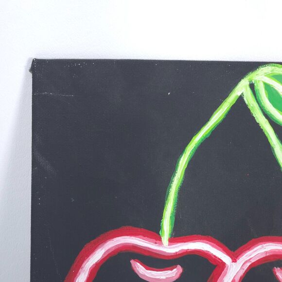 Oil on Canvas Hand Painted Neon Cherries 8" x 8" Abstract Simplicity 1st Release - Picture 2 of 7